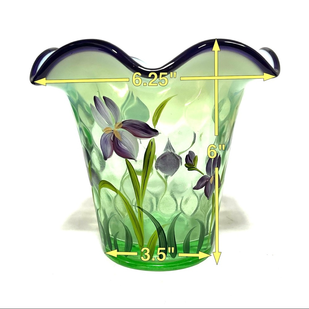 Fenton Desisgner Showcase Series Hand Painted Green Purple Vase Triple Signed - Picture 13 of 17